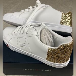 Tommy Hilfiger Women White Gold Glitter Low Top Sneakers Size 8M Casual Shoes